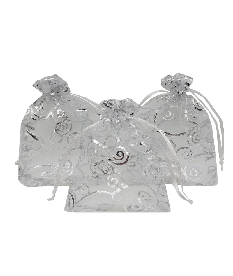 Ankirol 100pcs Sheer Organza Favor Bags For Wedding Baby Shower Rattan Print Gift Bags Samples Display Drawstring Pouches (3.5x4.5 inch, silver) - Image 1